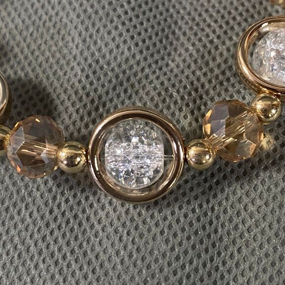 Crackled Glass Framed Beads Bracelet Clear Light Amber Gold Tone Stretch - Picture 4 of 9